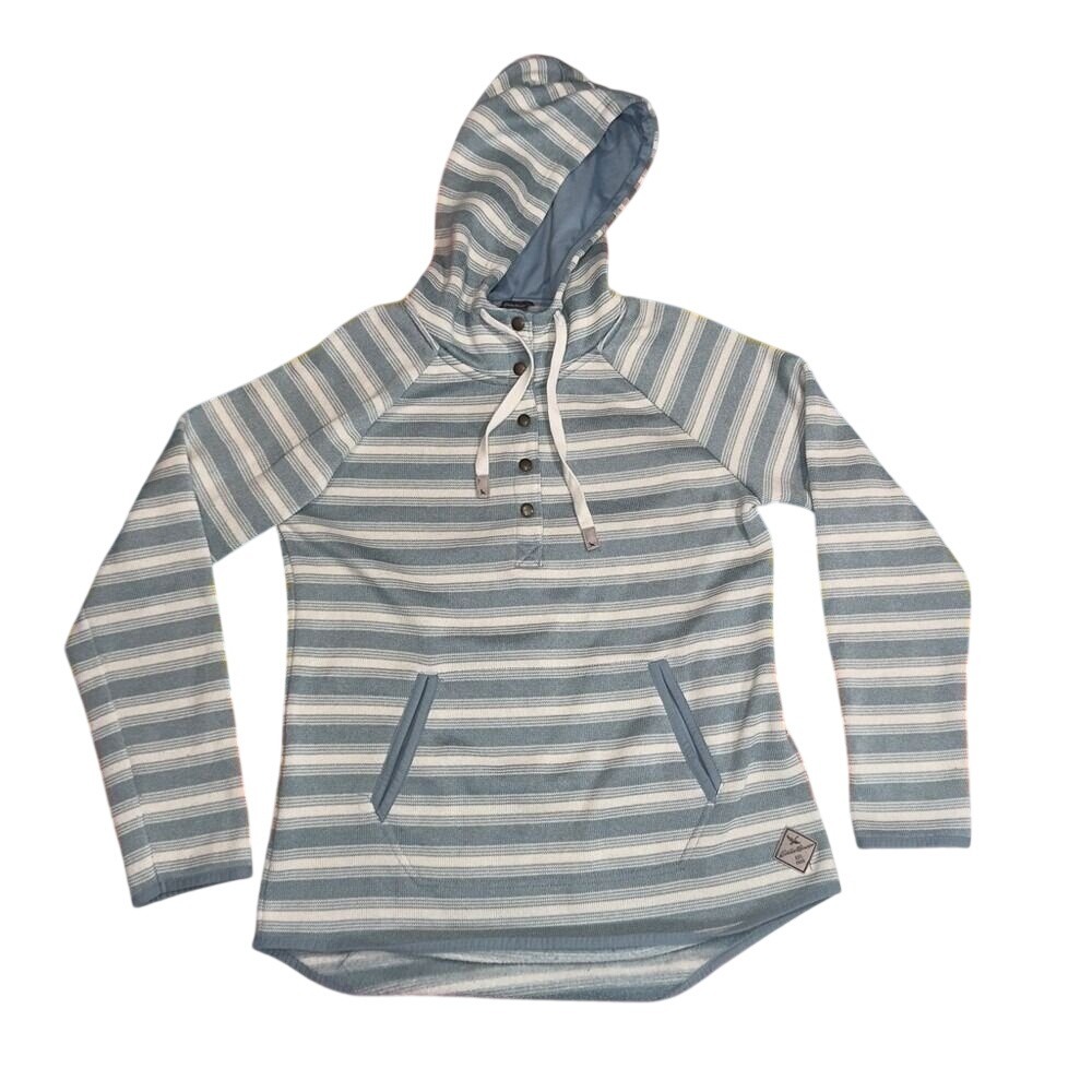 Eddie Bauer Womens Blue White Striped Pullover Hoodie Button Neck Size M